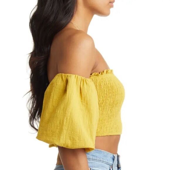 NWT Vici Puff Sleeve Smocked Crop Top In Misty Yellow XL - Picture 2 of 9